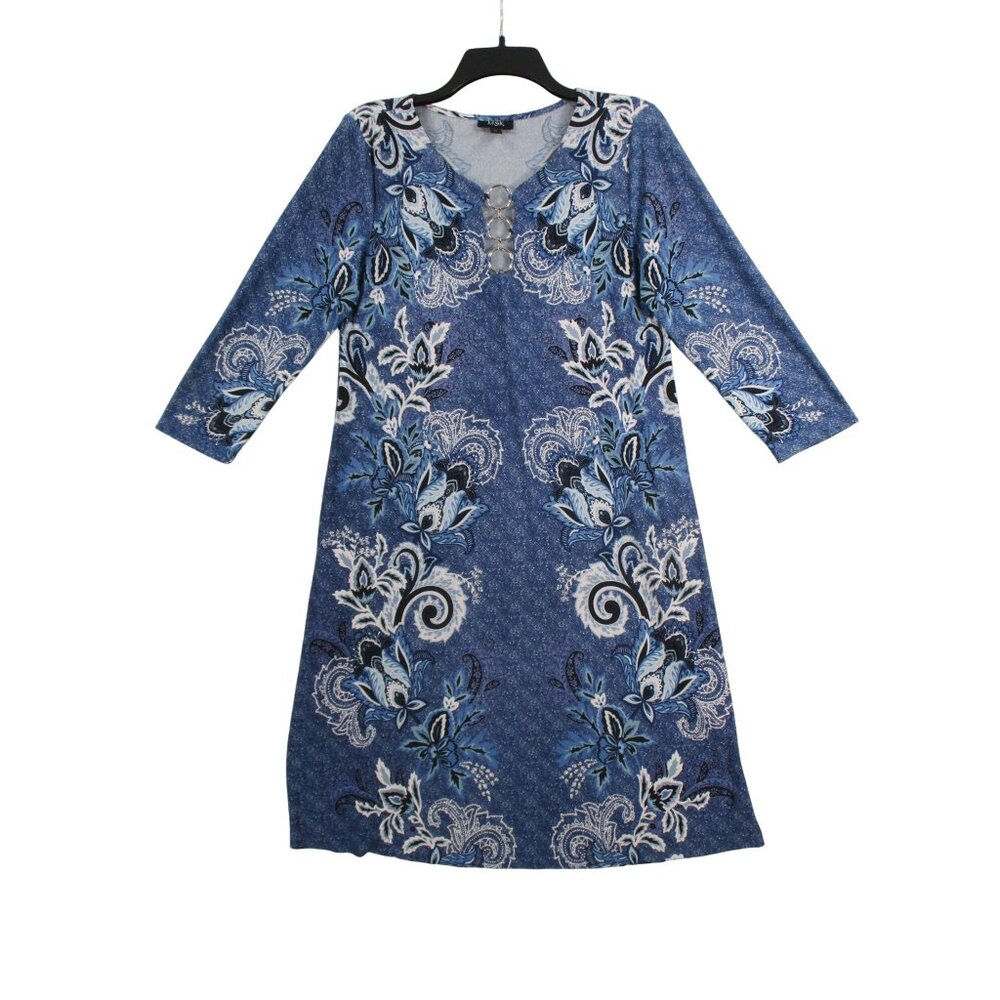 MSK Womens Blue Floral Print 3/4 Sleeve Tunic Dress With Decorative Rings Size M